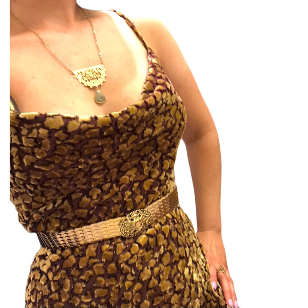 Mannequins Slip Silk & Velvet Gold Dress Abstract Print Size 10
